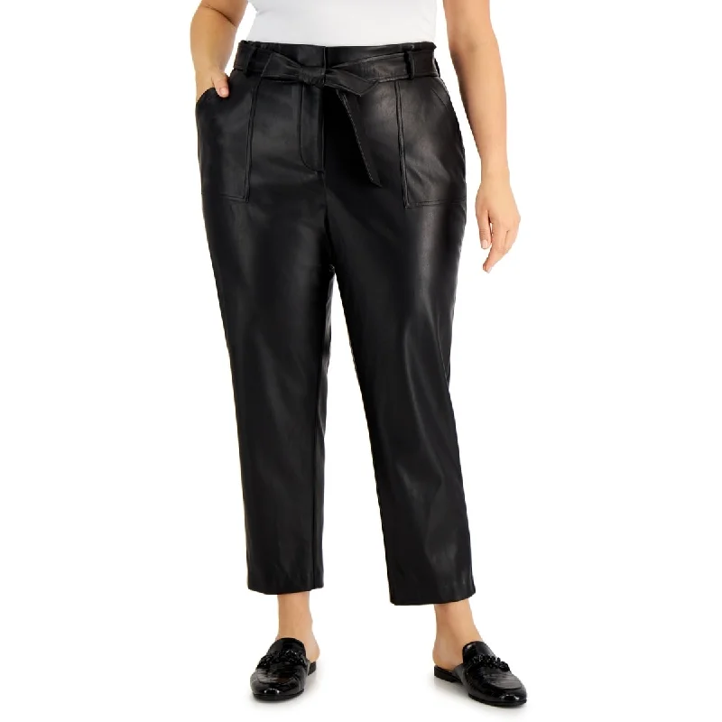 Calvin Klein Women's Faux Leather Tie Waist Straight Leg Pants Black Size 0X