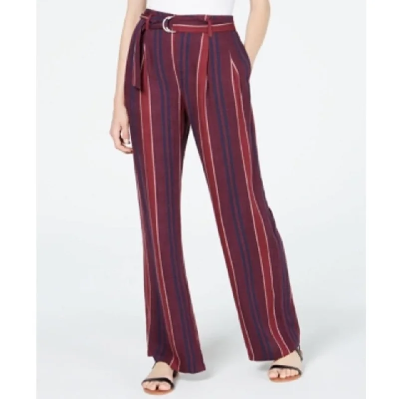 Rewash Juniors' Striped Belted Wide-Leg Pants Wine Size S