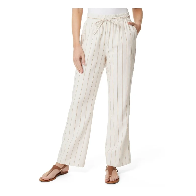 Jones New York Women's Pocketed Elastic Waist Drawstring Striped Straight Leg Pants White Size Medium