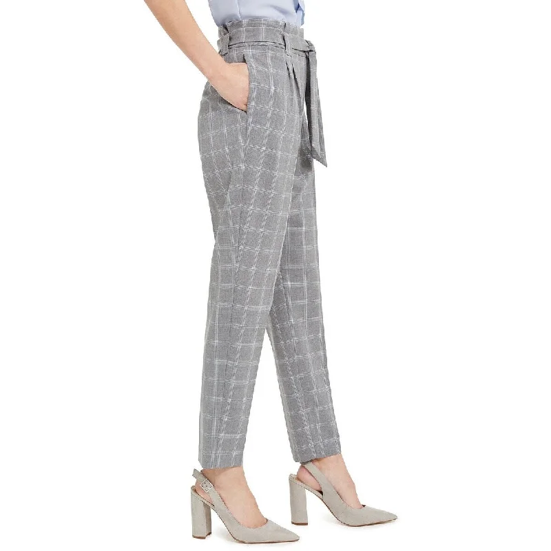 Calvin Klein Women's Slim Fit Belted Windowpane Pants Gray Size 14