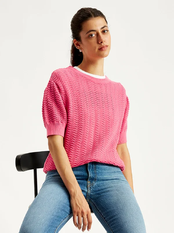 Women's Solid Pink Crew Neck Sweater