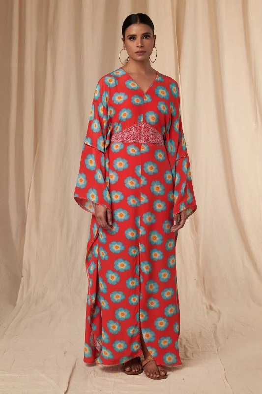 Red Crazy Daisy Kaftan Dress with Belt