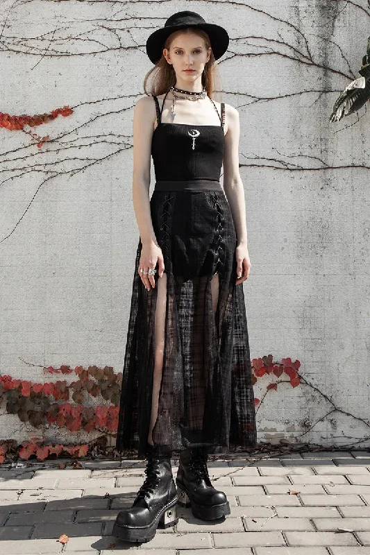 Women's Daily A Shape Mid-length Grid Mesh Forks Pantskirt Elastic Waist Sexy Casual Long Skirt