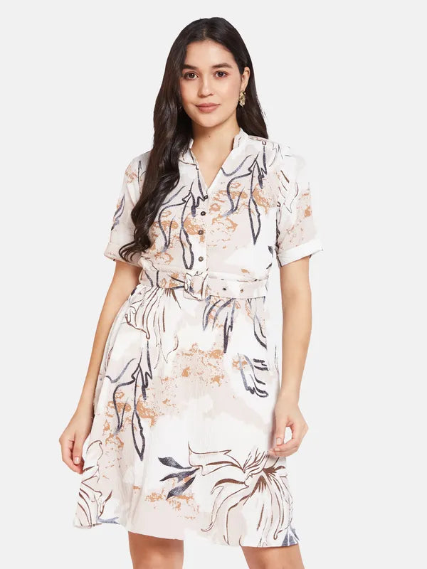 Mettle Floral Printed Mandarin Collar Cotton A-Line Dress