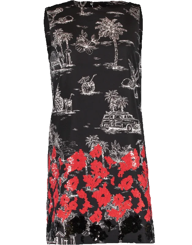 Red Beaded Bottom Print Shift Dress