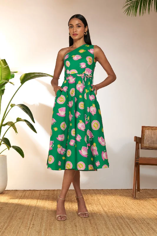 Green Special Cutting One Shoulder Dress