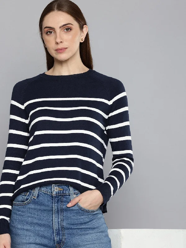 Women's Striped Navy Crew Neck Sweater