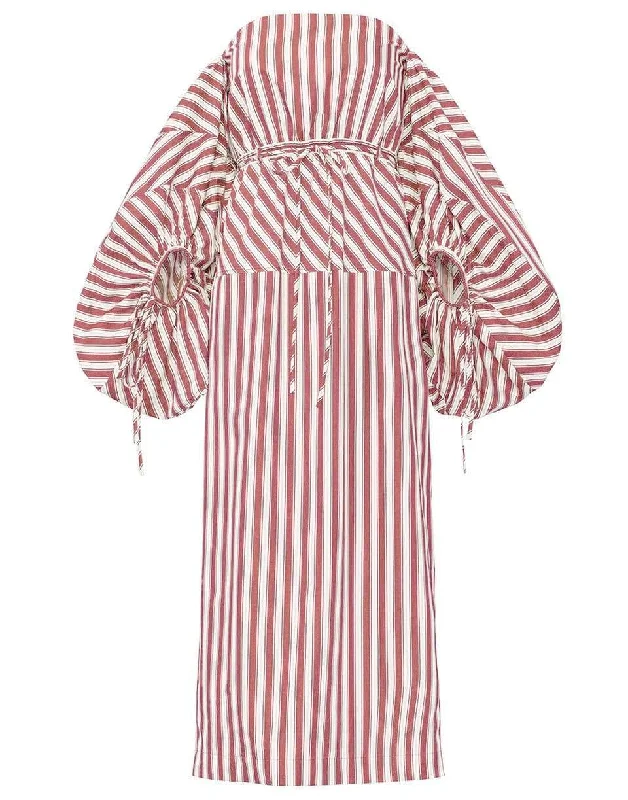 Red and White Striped Balloon Sleeve Midi Dress