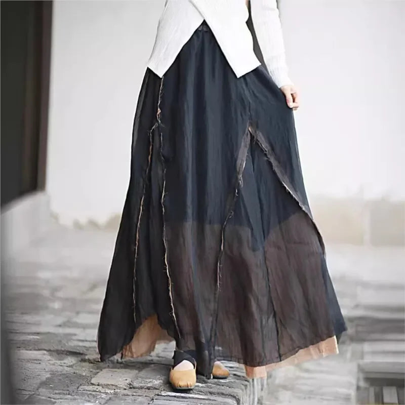 Retro Irregular Tencel Spliced Elastic Waist Skirt