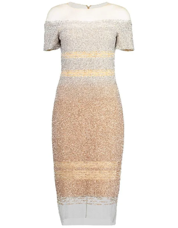 Silver and Gold Ombre Sequin Embroidered Cocktail Dress