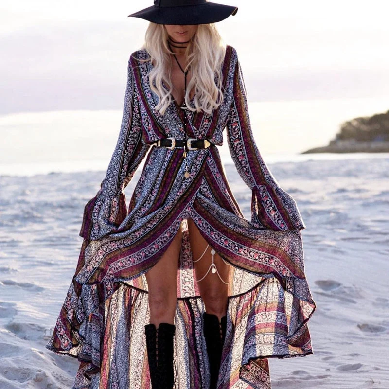 Plus Size Women's Bohemian Style V-Neck Long Sleeve Printed Maxi Dress