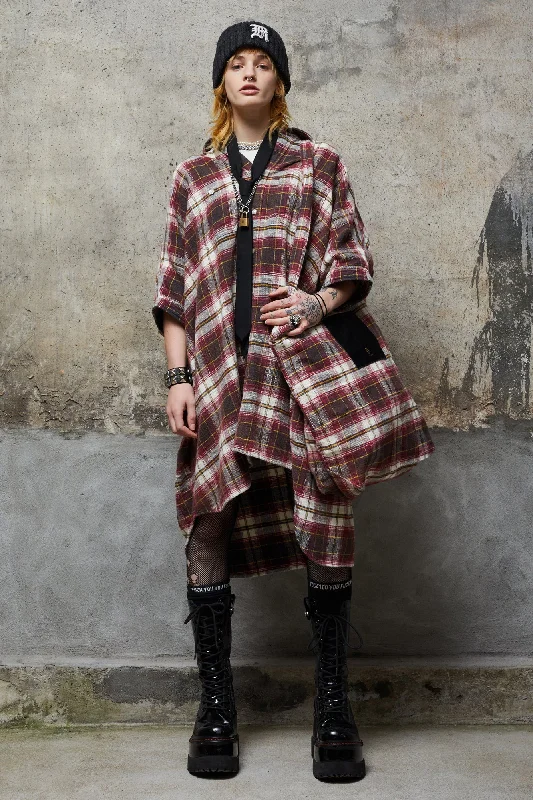 PLAID OVERSIZED BOXY SHIRTDRESS - ECRU/MAROON PLAID