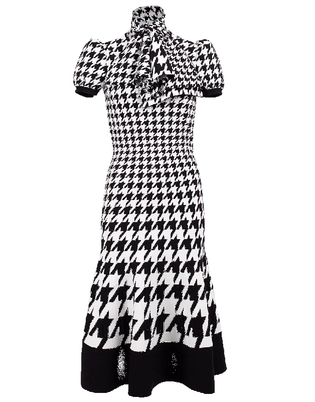 Houndstooth Tie Neck Knit Dress