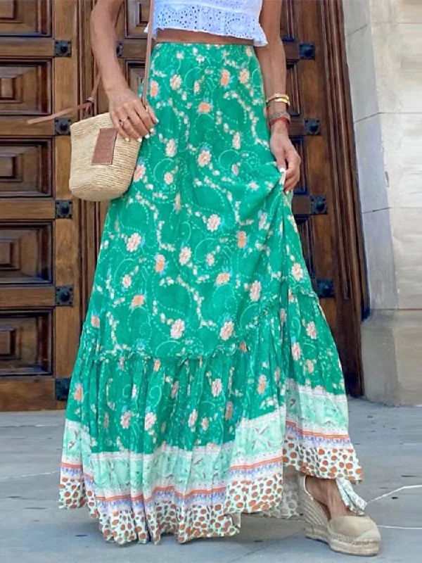 JuliaFashion - JuliaFashion-Bohemian Elastic Waist Long Floral Print Maxi Skirt