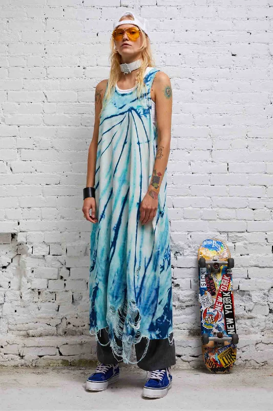 DESTROYED KNIT TANK DRESS - BLUE TIE-DYE