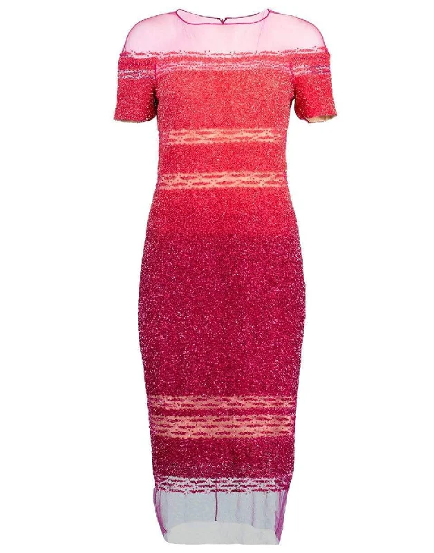 Coral and Fuchsia Ombre Sequin Embroidered Cocktail Dress