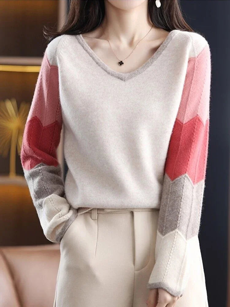 Artist Style  Patchwork V Neck Knitted Sweater Tops