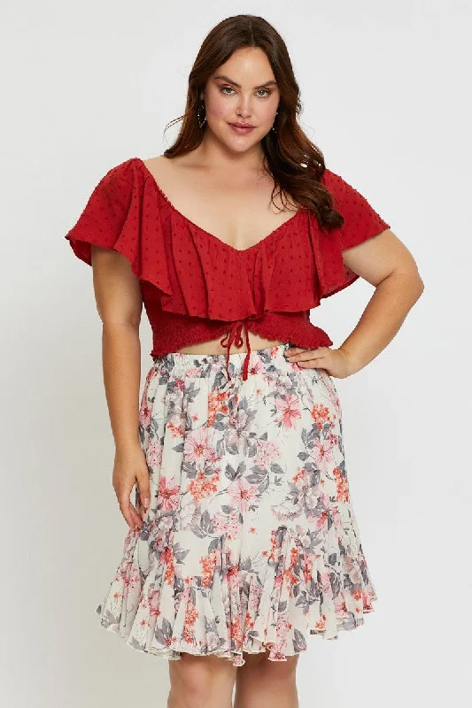 Floral Print Mini Wrap Skirt Ruffle Hem