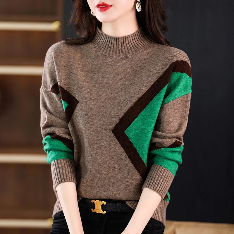 Classic Charm Geometric Pattern Mock Neck Knit Sweater