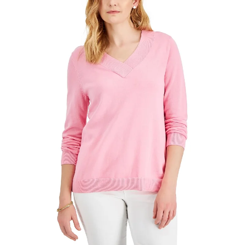 Karen Scott Womens Ribbed Trim Pullover V-Neck Sweater