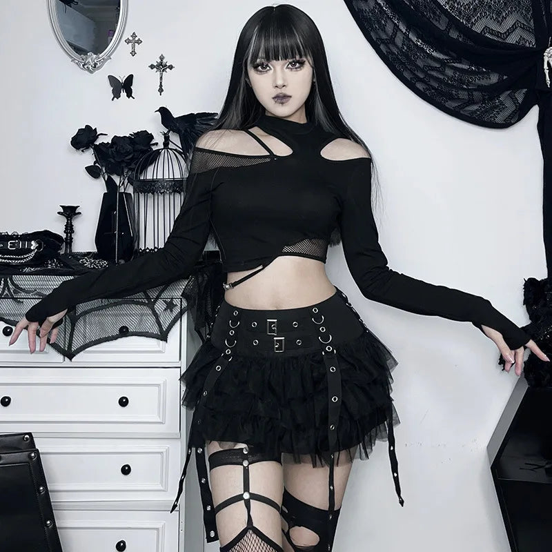 Cyber Y2K E-girl Skirt with Gothic Style: Hip Hop Mesh Patchwork with Eyelet Ribbons from Harajuku