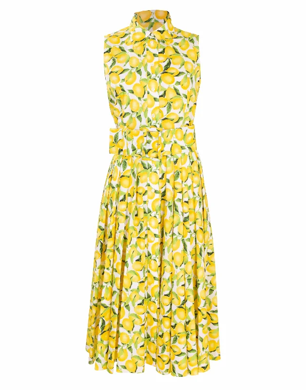 Sleeveless Lemon Print Belted Shirt Dress