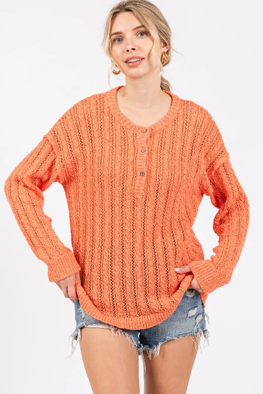 Coral Open Knit Front Button Sweater