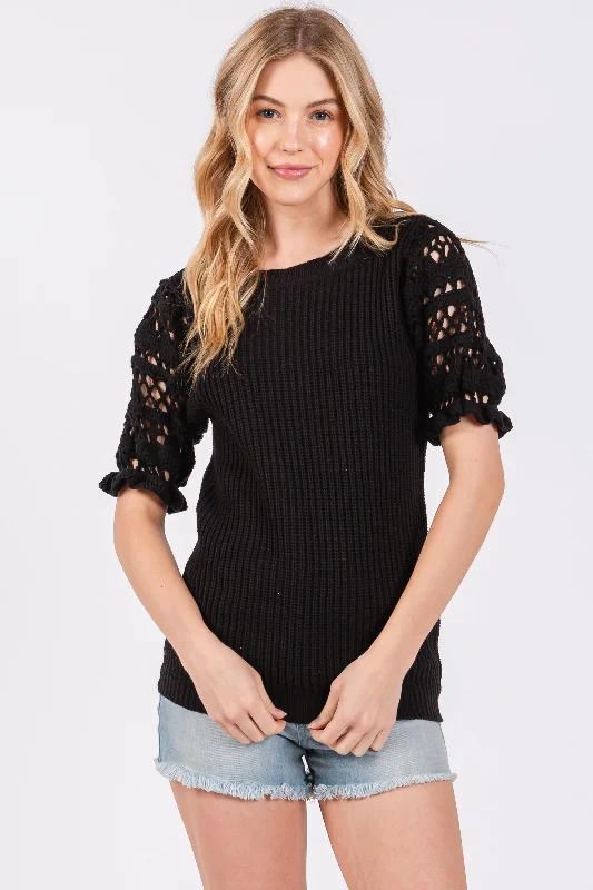 Black Open Knit Short Puff Sleeve Sweater Top