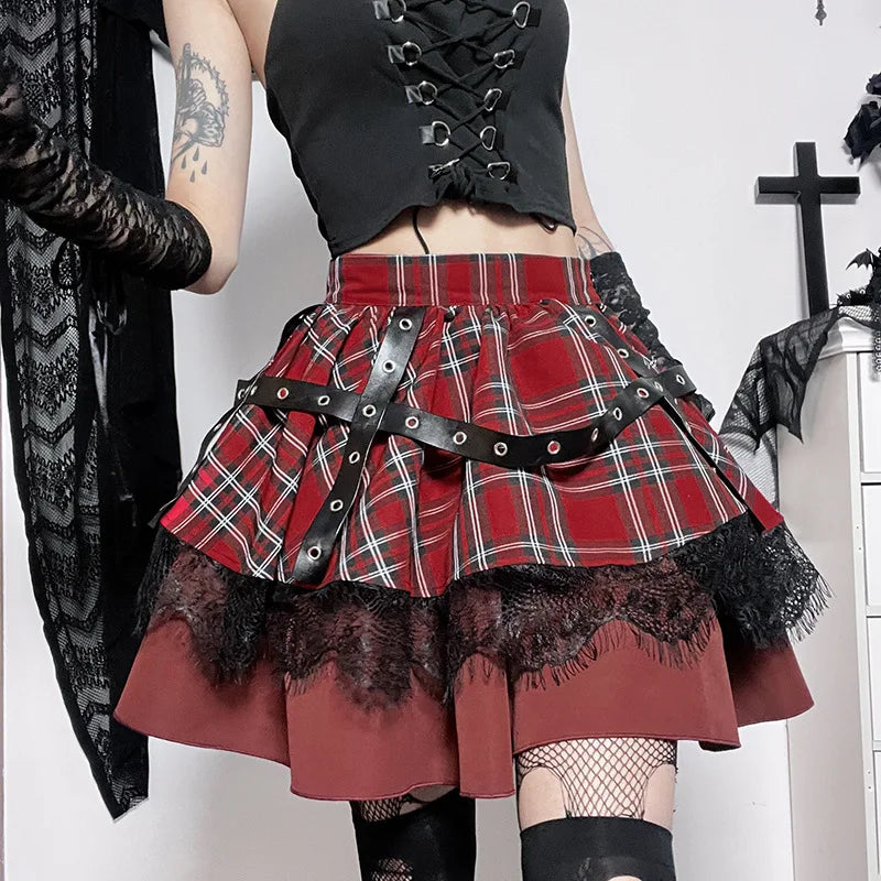 Y2k Pleated Lace Sweet Kawaii Harajuku Lolita Mini Gothic Cake Plaid Girls Skirt