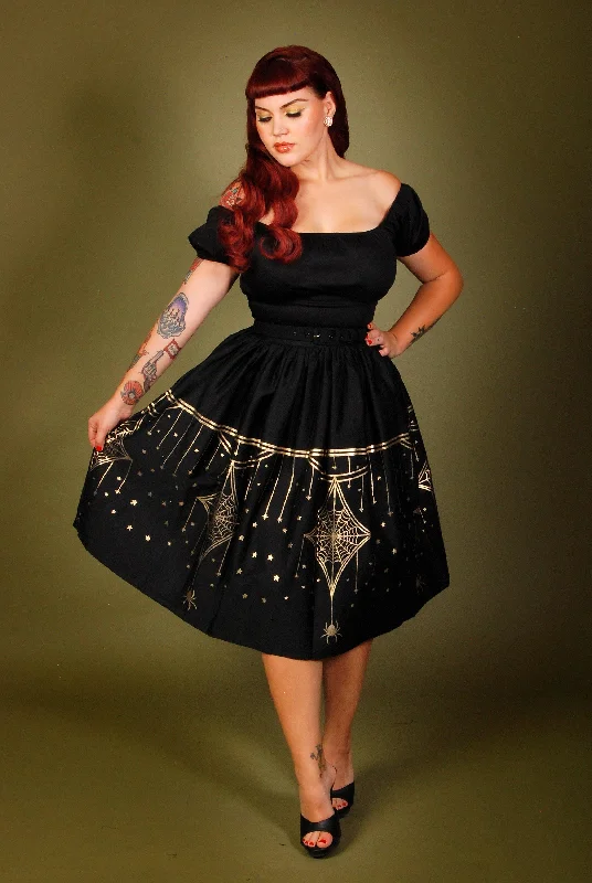 Final Sale - XS - S - M - XL - Bella Gathered Swing Skirt In Black & Gold Deco Spiderweb Border Print | Laura Byrnes & Hope Morrison