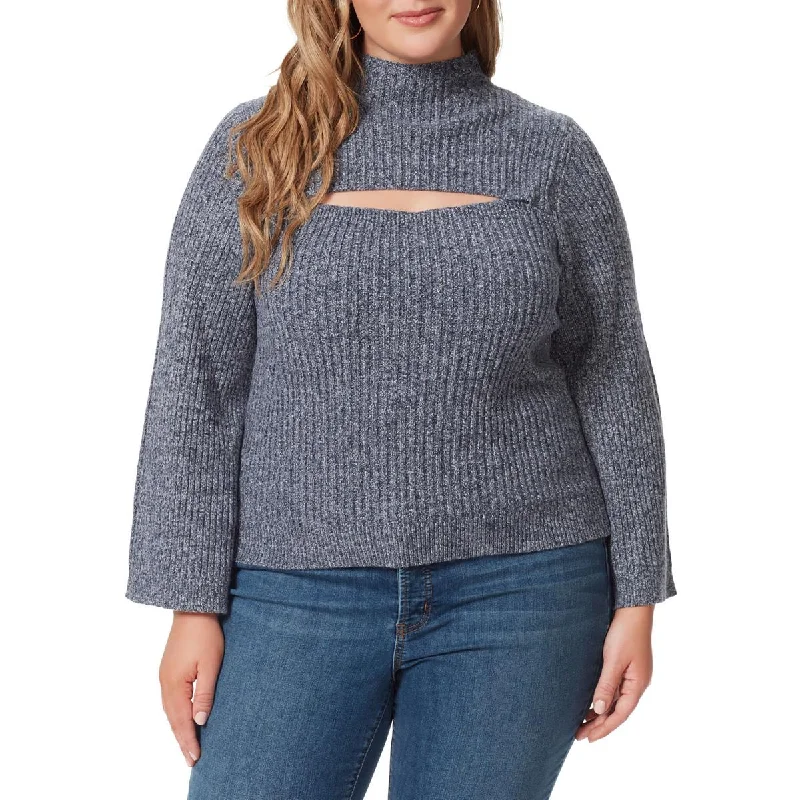 Jessica Simpson Womens Plus Kaida Ribbed Knit Cut-Out Funnel-Neck Sweater