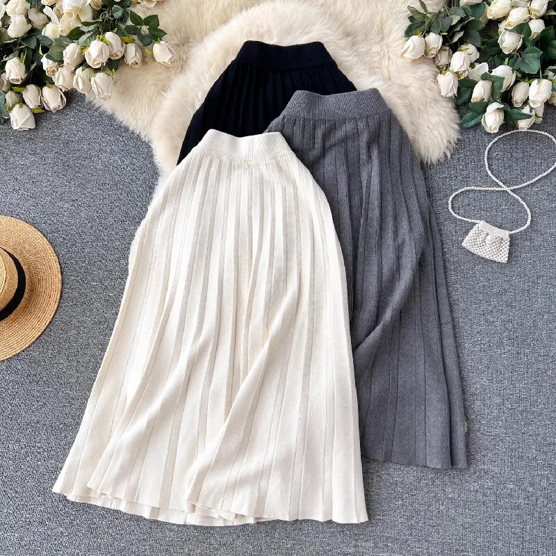 Knitted skirt for women mid-length skirt  pleated skirt    S4636