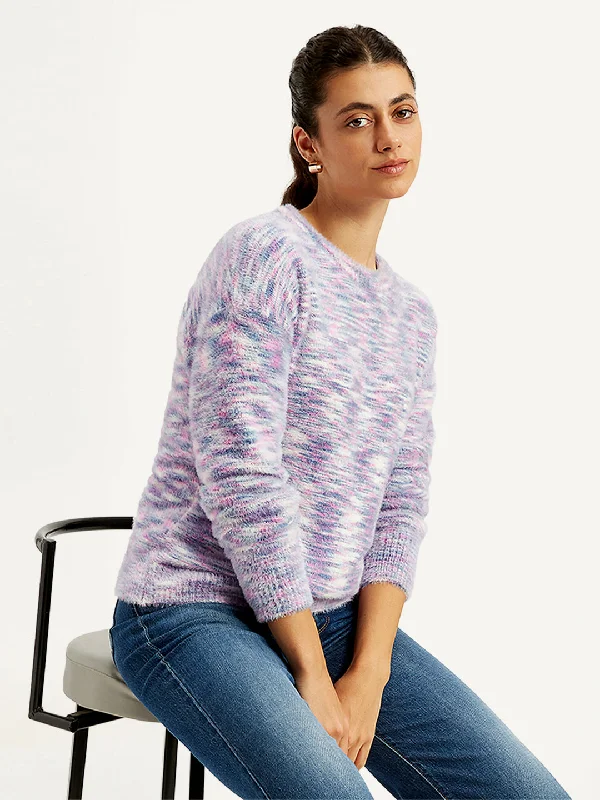 Women's Self Pattern Purple Crew Neck Sweater