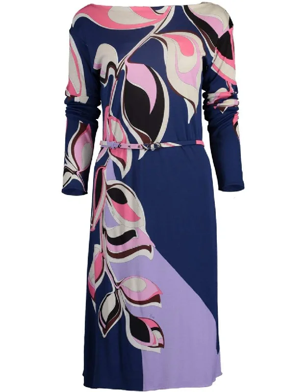 Belted Boatneck Print Dress