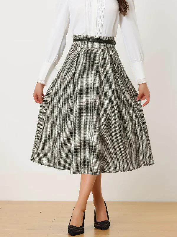 Women's Vintage Checked High Waist Belted A-Line Plaid Skirt