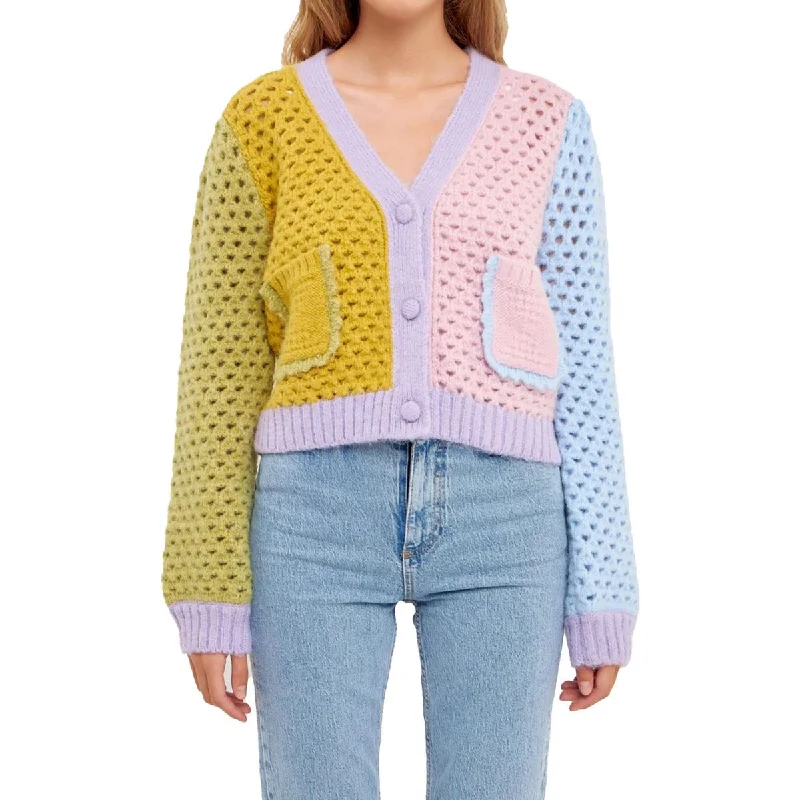 English Factory Womens Crochet Colorblock Cardigan Sweater