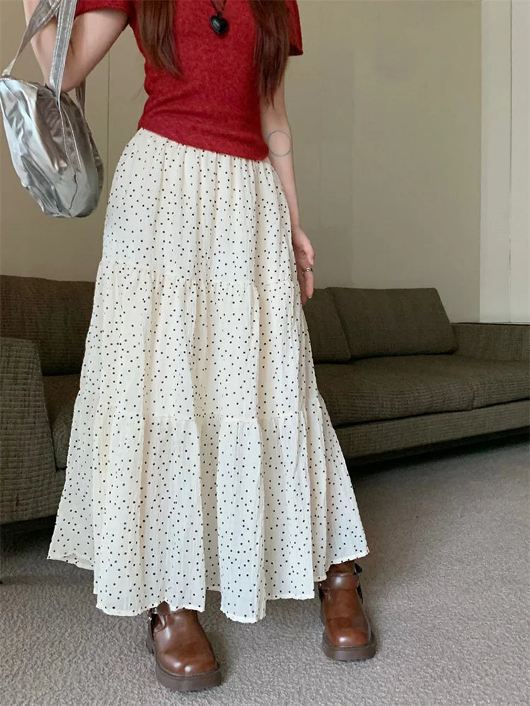 Vintage Polka Dot Holiday Ruffle Hem Long Skirt