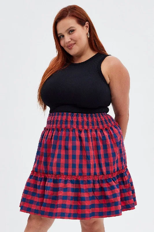 Stripe Shirred Waist Check Skater Skirt