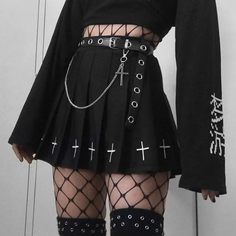 Women's High Waist Gothic Mini Cross Pattern Mini Pleated Dark Style Skirt