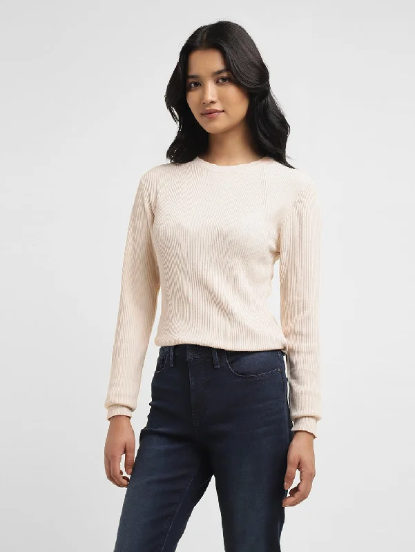 Women's Self Design Beige Crew Neck Sweater