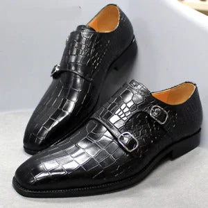 Men's Cow Leather Crocodile Print Monk Strap Double Buckle Dress Shoes