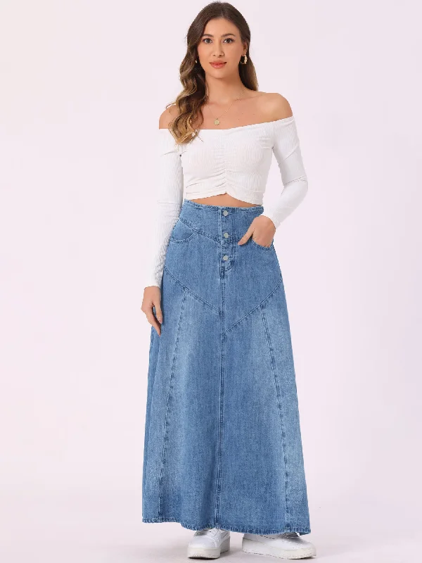 Casual Denim High Waisted A-Line Flared Maxi Skirt