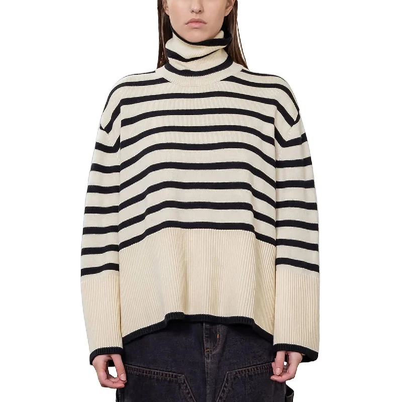 Moon River Womens Striped Ribbed Trim Turtleneck Sweater