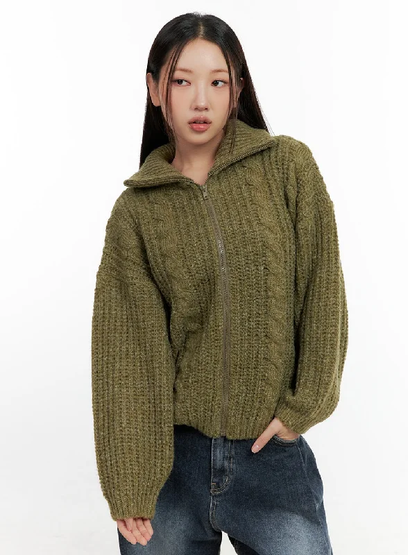 High-Neck Cable Knit Zip Up Sweater CN401