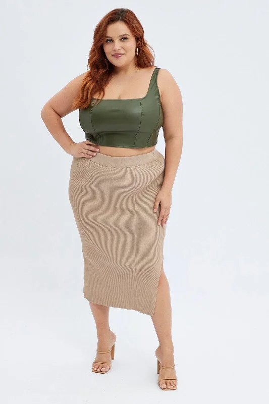 Camel Knit Skirt Midi Side Split