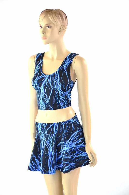 Neon Blue Lightning Crop & Skirt Set