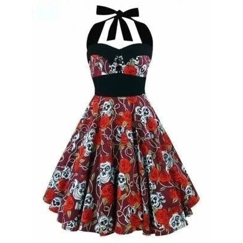 Retro Vintage Style Sleeveless 3D Skull Floral Printed Summer Women's Dress