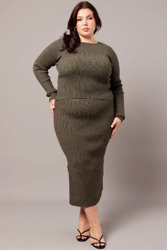 Green Rib Knit Midaxi Bodycon Skirt