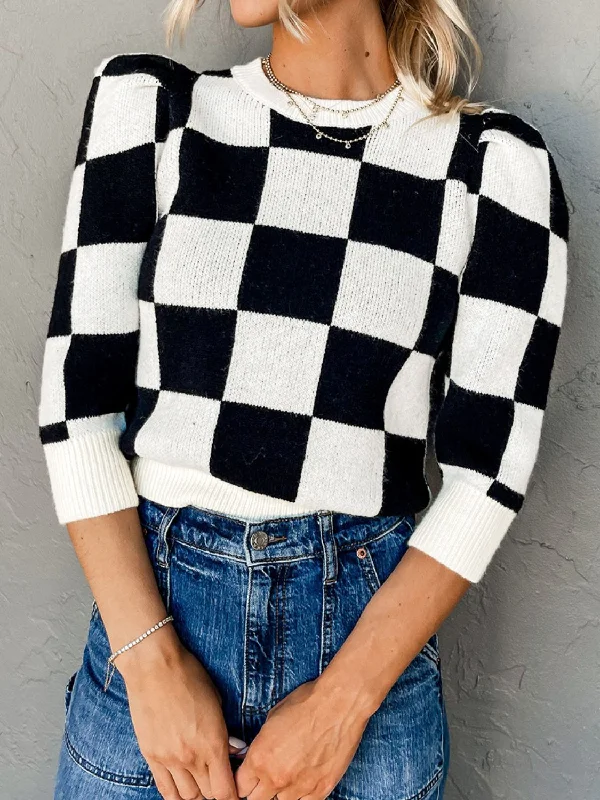 Classic Chic Plaid Round Neck Three-Quarter Sleeve Sweater