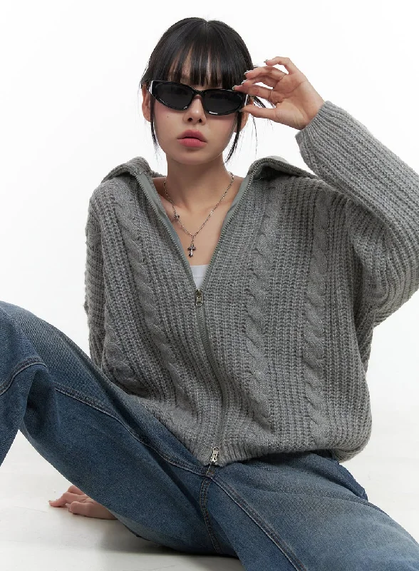 Oversized Cable Knit Zip-Up Sweater OS410